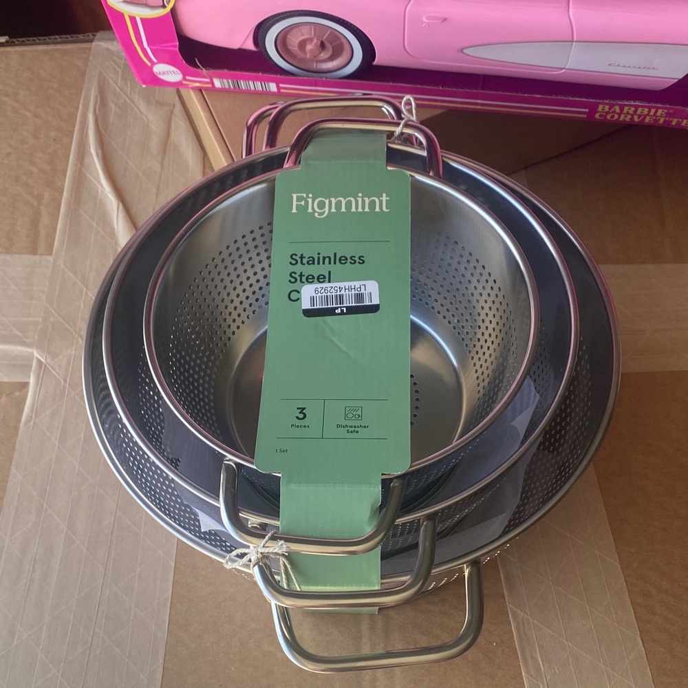 NWT Figmint Stainless Steel 3-Piece Colander & Strainer Set - Silver